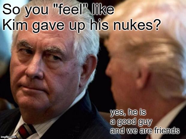 Rex Tillerson thinking about Donald Trump | So you "feel" like Kim gave up his nukes? yes, he is a good guy and we are friends | image tagged in rex tillerson thinking about donald trump | made w/ Imgflip meme maker