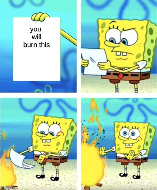 spongebob paper | you will burn this | image tagged in spongebob paper | made w/ Imgflip meme maker