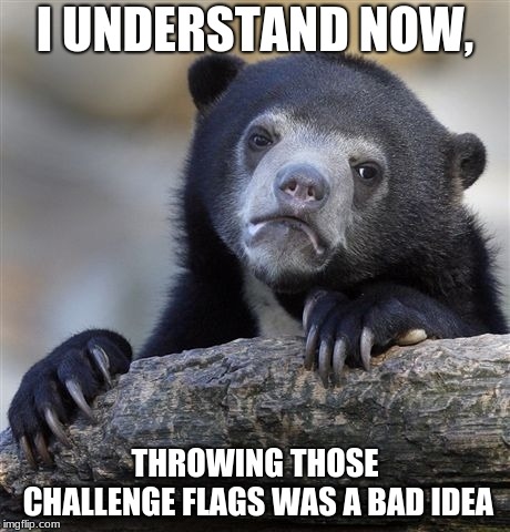 Joe Philbin Confession | I UNDERSTAND NOW, THROWING THOSE CHALLENGE FLAGS WAS A BAD IDEA | image tagged in memes,confession bear,green bay packers,nfl football,packers,confession | made w/ Imgflip meme maker