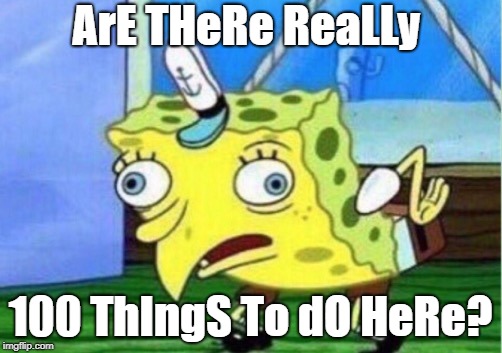 Mocking Spongebob Meme | ArE THeRe ReaLLy; 100 ThIngS To dO HeRe? | image tagged in memes,mocking spongebob | made w/ Imgflip meme maker