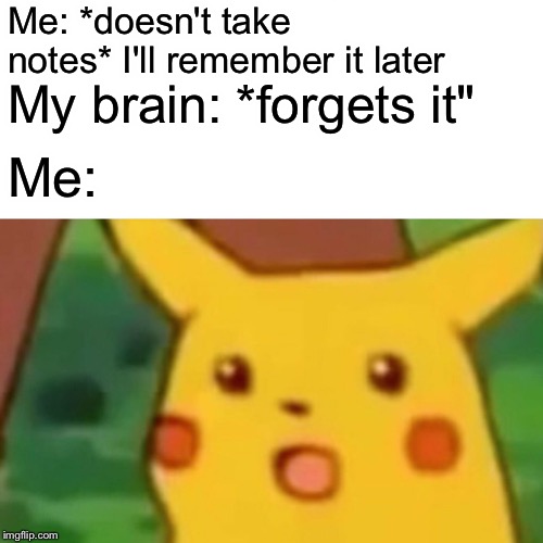 Surprised Pikachu Meme | Me: *doesn't take notes* I'll remember it later My brain: *forgets it" Me: | image tagged in memes,surprised pikachu | made w/ Imgflip meme maker