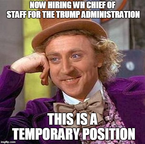 Creepy Condescending Wonka Meme | NOW HIRING WH CHIEF OF STAFF FOR THE TRUMP ADMINISTRATION; THIS IS A TEMPORARY POSITION | image tagged in memes,creepy condescending wonka | made w/ Imgflip meme maker