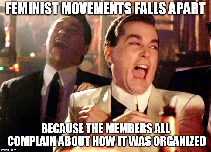 Good Fellas Hilarious | FEMINIST MOVEMENTS FALLS APART; BECAUSE THE MEMBERS ALL COMPLAIN ABOUT HOW IT WAS ORGANIZED | image tagged in memes,good fellas hilarious | made w/ Imgflip meme maker