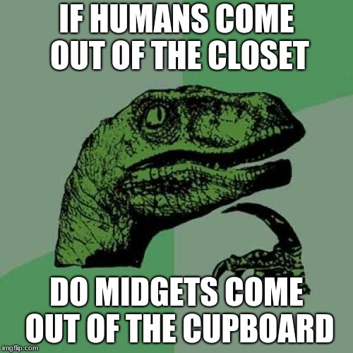 Philosoraptor Meme | IF HUMANS COME OUT OF THE CLOSET; DO MIDGETS COME OUT OF THE CUPBOARD | image tagged in memes,philosoraptor | made w/ Imgflip meme maker