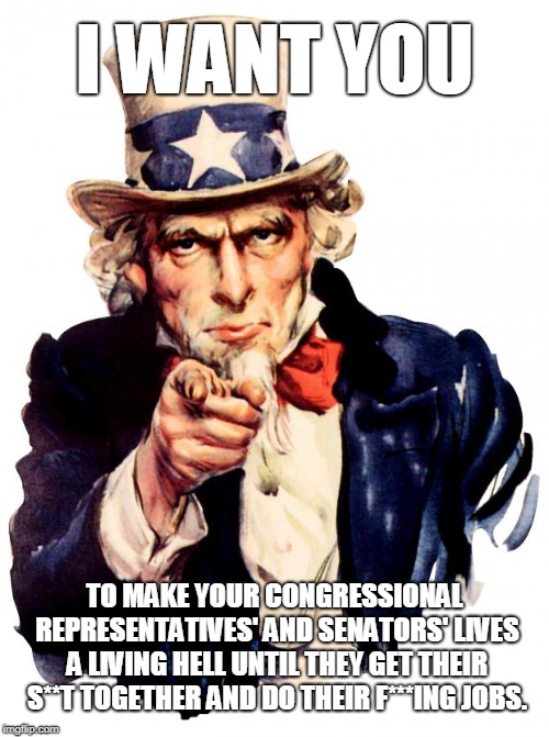 Uncle Sam Meme | I WANT YOU; TO MAKE YOUR CONGRESSIONAL REPRESENTATIVES' AND SENATORS' LIVES A LIVING HELL UNTIL THEY GET THEIR S**T TOGETHER AND DO THEIR F***ING JOBS. | image tagged in memes,uncle sam,politics | made w/ Imgflip meme maker