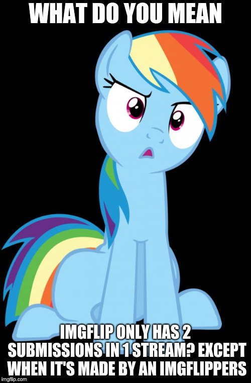 The imgflip truth | WHAT DO YOU MEAN; IMGFLIP ONLY HAS 2 SUBMISSIONS IN 1 STREAM? EXCEPT WHEN IT'S MADE BY AN IMGFLIPPERS | image tagged in confused rainbow dash,streams | made w/ Imgflip meme maker