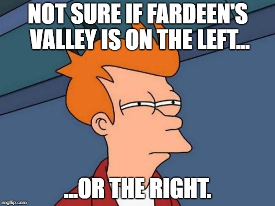 Futurama Fry | NOT SURE IF FARDEEN'S VALLEY IS ON THE LEFT... ...OR THE RIGHT. | image tagged in memes,futurama fry | made w/ Imgflip meme maker