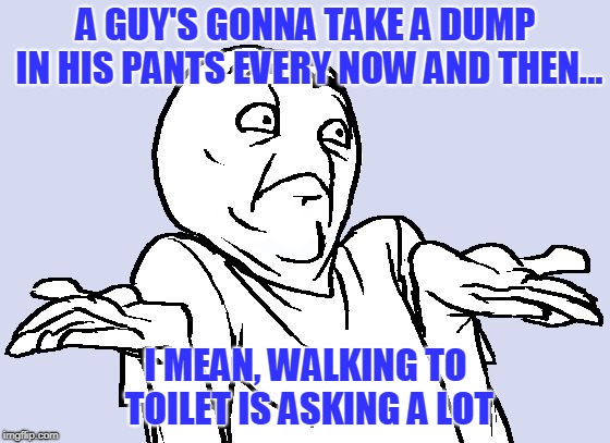 Shrug Cartoon | A GUY'S GONNA TAKE A DUMP IN HIS PANTS EVERY NOW AND THEN... I MEAN, WALKING TO TOILET IS ASKING A LOT | image tagged in shrug cartoon | made w/ Imgflip meme maker