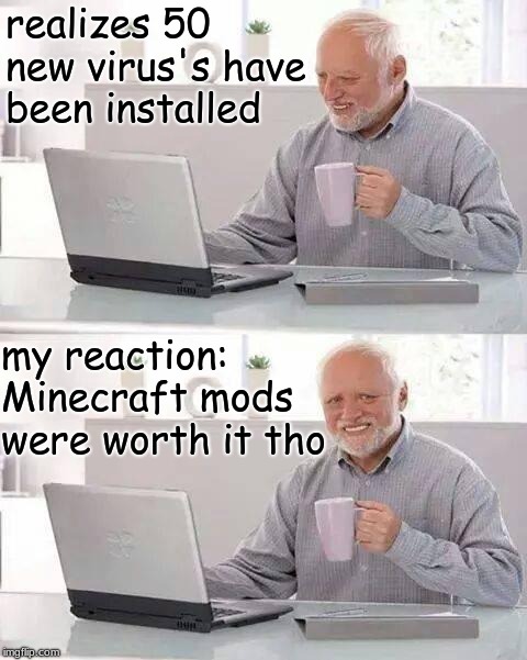 worth it for sure | realizes 50 new virus's have been installed; my reaction: Minecraft mods were worth it tho | image tagged in memes,hide the pain harold,minecraft,virus,lol,harold | made w/ Imgflip meme maker