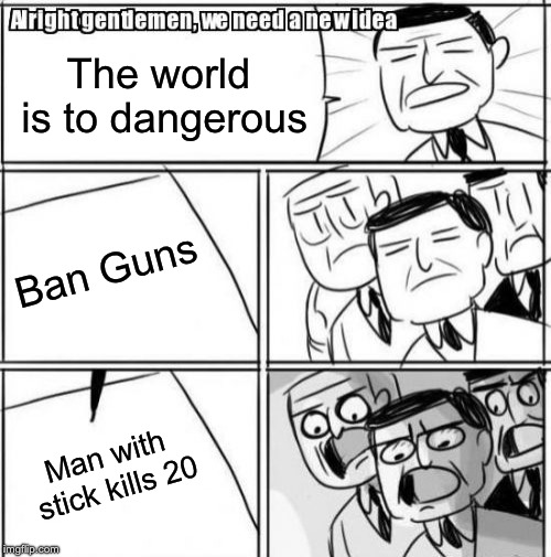 Alright Gentlemen We Need A New Idea Meme | The world is to dangerous; Ban Guns; Man with stick kills 20 | image tagged in memes,alright gentlemen we need a new idea | made w/ Imgflip meme maker