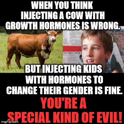 And liberals say conservatives are science deniers. You can not make a man into a women. | WHEN YOU THINK INJECTING A COW WITH GROWTH HORMONES IS WRONG. BUT INJECTING KIDS WITH HORMONES TO CHANGE THEIR GENDER IS FINE. YOU'RE A SPECIAL KIND OF EVIL! | image tagged in cow,kid,hormones | made w/ Imgflip meme maker