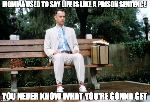 Donald Gump / Forest Trump | MOMMA USED TO SAY LIFE IS LIKE A PRISON SENTENCE; YOU NEVER KNOW WHAT YOU'RE GONNA GET | image tagged in forrest gump,donald gump,forest trump,memes,trump | made w/ Imgflip meme maker