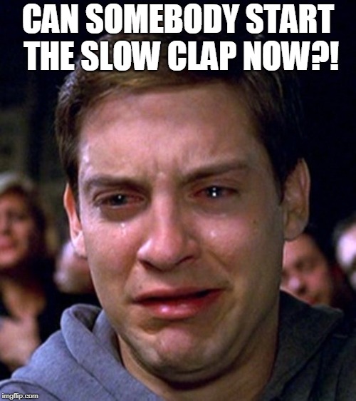 Toby Maguire | CAN SOMEBODY START THE SLOW CLAP NOW?! | image tagged in toby maguire | made w/ Imgflip meme maker