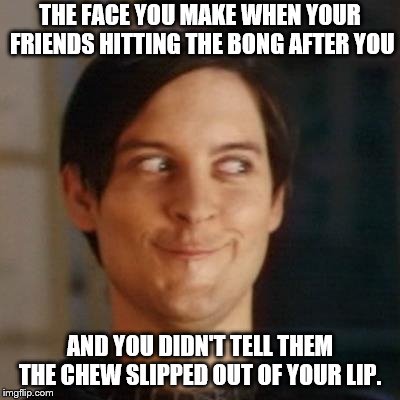 Toby mcguire | THE FACE YOU MAKE WHEN YOUR FRIENDS HITTING THE BONG AFTER YOU; AND YOU DIDN'T TELL THEM THE CHEW SLIPPED OUT OF YOUR LIP. | image tagged in toby mcguire | made w/ Imgflip meme maker