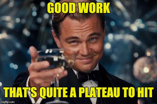 Leonardo Dicaprio Cheers Meme | GOOD WORK THAT'S QUITE A PLATEAU TO HIT | image tagged in memes,leonardo dicaprio cheers | made w/ Imgflip meme maker