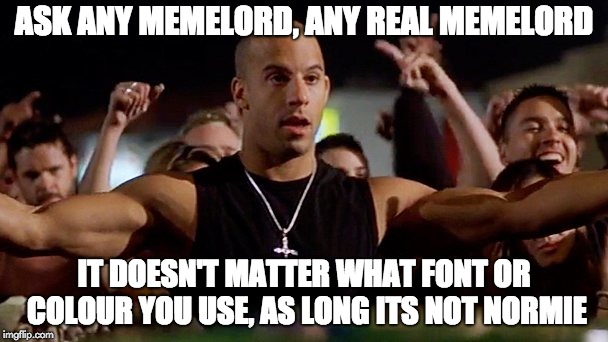 vin diesel 01 | ASK ANY MEMELORD, ANY REAL MEMELORD; IT DOESN'T MATTER WHAT FONT OR COLOUR YOU USE, AS LONG ITS NOT NORMIE | image tagged in vin diesel 01,fast and furious,ask anyone,memelord | made w/ Imgflip meme maker