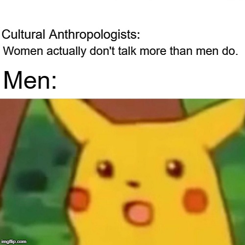 Surprised Pikachu Meme | Cultural Anthropologists:; Women actually don't talk more than men do. Men: | image tagged in memes,surprised pikachu | made w/ Imgflip meme maker