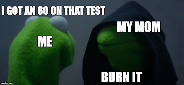 Evil Kermit | I GOT AN 80 ON THAT TEST; MY MOM; ME; BURN IT | image tagged in memes,evil kermit | made w/ Imgflip meme maker