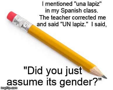 When political correctness meets a Romance language | I mentioned "una lapiz" in my Spanish class.  The teacher corrected me and said "UN lapiz."  I said, "Did you just assume its gender?" | image tagged in pencil,gender | made w/ Imgflip meme maker