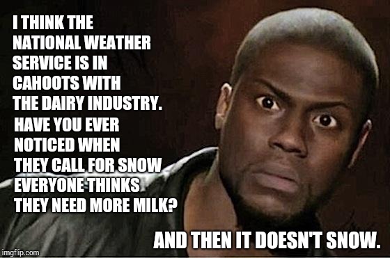 Son Of A B!  It's Going to Snow So I Need Milk! | I THINK THE NATIONAL WEATHER SERVICE IS IN CAHOOTS WITH THE DAIRY INDUSTRY. HAVE YOU EVER NOTICED WHEN THEY CALL FOR SNOW EVERYONE THINKS THEY NEED MORE MILK? AND THEN IT DOESN'T SNOW. | image tagged in memes,kevin hart,special kind of stupid,lactose intolerant,dumbasses,hahahaha | made w/ Imgflip meme maker