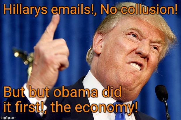 Donald Trump | Hillarys emails!, No collusion! But but obama did it first!, the economy! | image tagged in donald trump | made w/ Imgflip meme maker