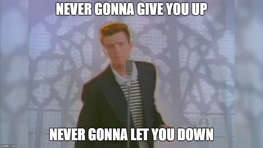 Rick Roll | NEVER GONNA GIVE YOU UP NEVER GONNA LET YOU DOWN | image tagged in rick roll | made w/ Imgflip meme maker