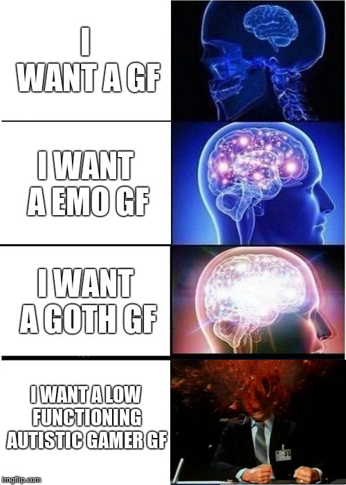 Expanding Brain Meme | I WANT A GF; I WANT A EMO GF; I WANT A GOTH GF; I WANT A LOW FUNCTIONING AUTISTIC GAMER GF | image tagged in memes,expanding brain | made w/ Imgflip meme maker