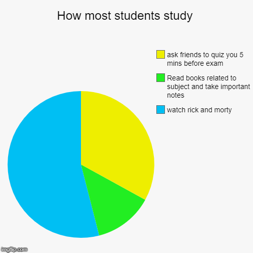 How most students study | watch rick and morty, Read books related to subject and take important notes, ask friends to quiz you 5 mins befor | image tagged in funny,pie charts | made w/ Imgflip chart maker