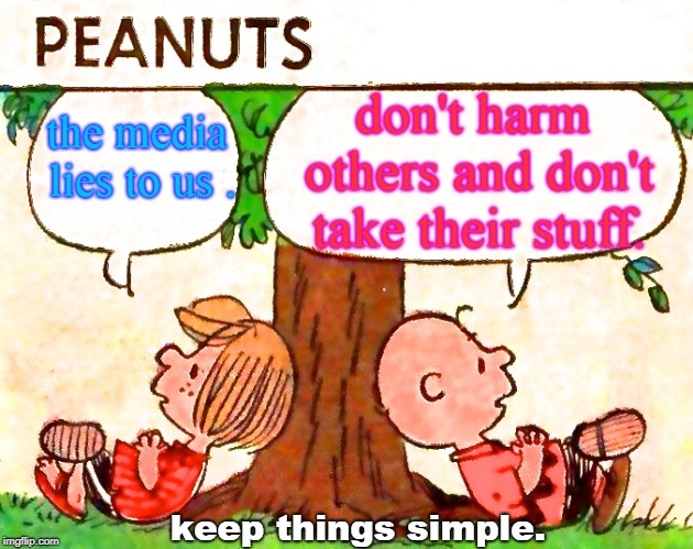 life is  actually rather simple.don't be a dick. | don't harm others and don't take their stuff. the media lies to us . keep things simple. | image tagged in peanuts charlie brown peppermint patty,lying media,cartoon truth | made w/ Imgflip meme maker