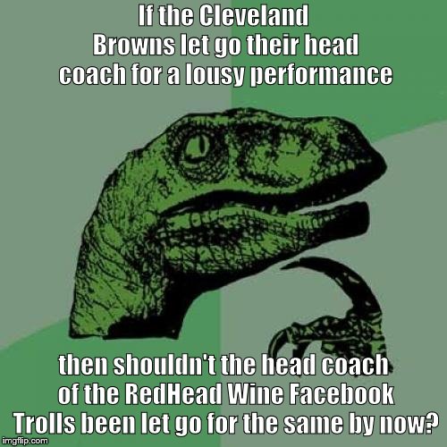 Philosoraptor Meme | If the Cleveland Browns let go their head coach for a lousy performance; then shouldn't the head coach of the RedHead Wine Facebook Trolls been let go for the same by now? | image tagged in memes,philosoraptor | made w/ Imgflip meme maker