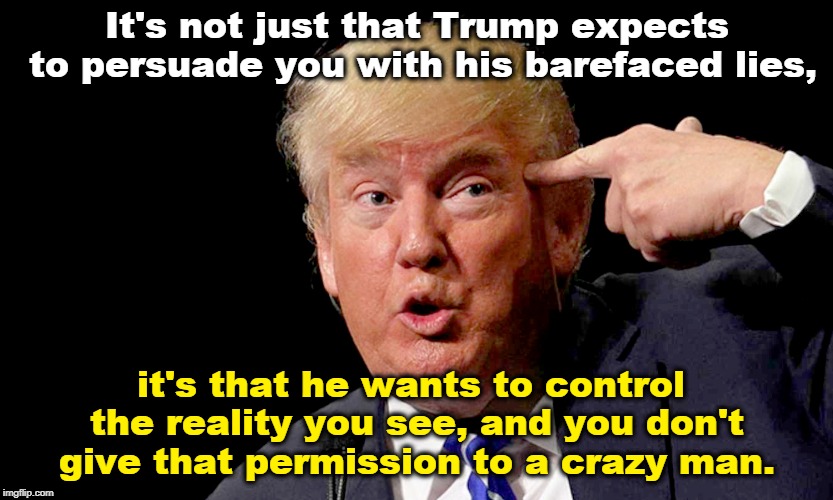 Country over party. | It's not just that Trump expects to persuade you with his barefaced lies, it's that he wants to control the reality you see, and you don't give that permission to a crazy man. | image tagged in trump,liar,reality,crazy | made w/ Imgflip meme maker