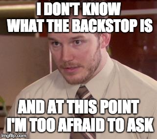 Andy Dwyer | I DON'T KNOW WHAT THE BACKSTOP IS; AND AT THIS POINT I'M TOO AFRAID TO ASK | image tagged in andy dwyer | made w/ Imgflip meme maker