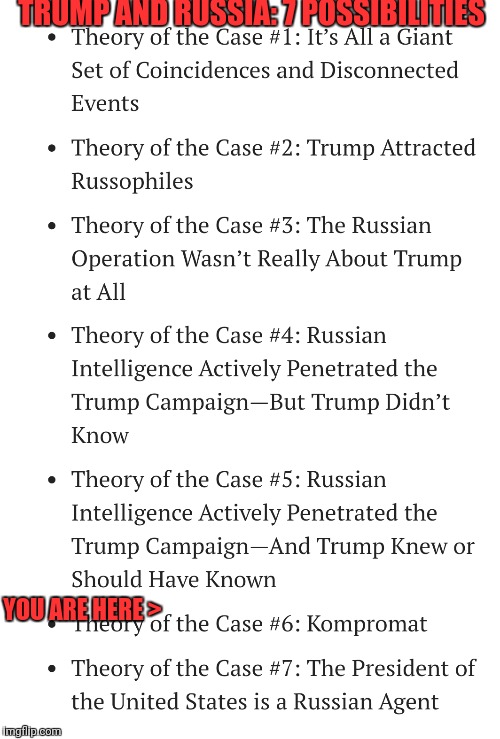 7 Possibilities  | TRUMP AND RUSSIA: 7 POSSIBILITIES; YOU ARE HERE > | image tagged in politics,political meme | made w/ Imgflip meme maker