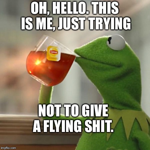 But That's None Of My Business | OH, HELLO. THIS IS ME, JUST TRYING; NOT TO GIVE A FLYING SHIT. | image tagged in memes,but thats none of my business,kermit the frog | made w/ Imgflip meme maker