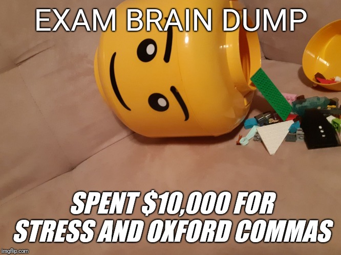 Brain dump |  EXAM BRAIN DUMP; SPENT $10,000 FOR STRESS AND OXFORD COMMAS | image tagged in brain dump | made w/ Imgflip meme maker