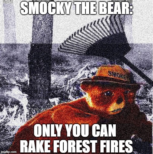 SmoCKy THe BeAR | SMOCKY THE BEAR:; ONLY YOU CAN RAKE FOREST FIRES | image tagged in smocky the bear | made w/ Imgflip meme maker