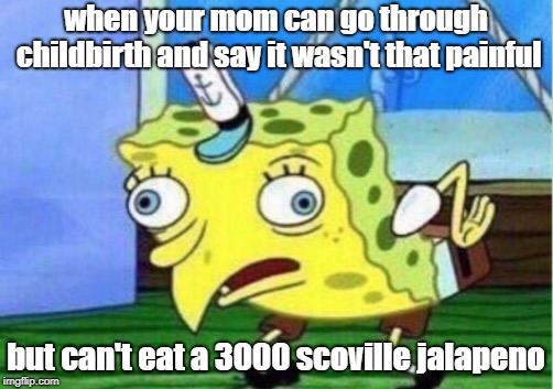 Mocking Spongebob | when your mom can go through childbirth and say it wasn't that painful; but can't eat a 3000 scoville jalapeno | image tagged in memes,mocking spongebob | made w/ Imgflip meme maker