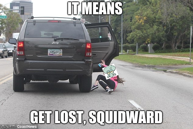 Girl falling out of car | IT MEANS; GET LOST, SQUIDWARD | image tagged in girl falling out of car | made w/ Imgflip meme maker