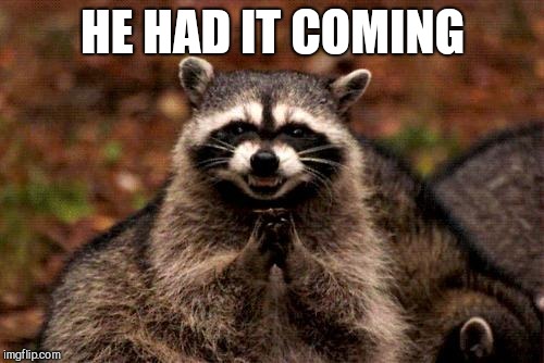 Evil Plotting Raccoon Meme | HE HAD IT COMING | image tagged in memes,evil plotting raccoon | made w/ Imgflip meme maker