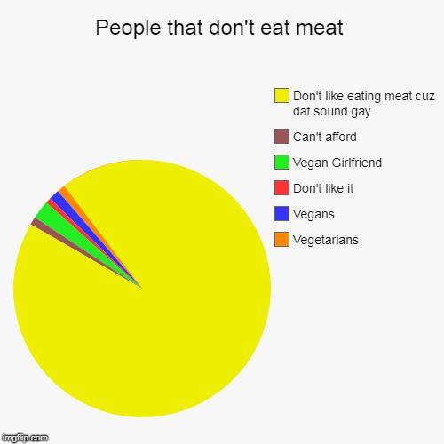 People That Don't Eat Meat | People that don't eat meat | Vegetarians, Vegans, Don't like it, Vegan Girlfriend, Can't afford, Don't like eating meat cuz dat sound gay | image tagged in memes,funny,pie charts,meat,vegan,vegetable | made w/ Imgflip chart maker