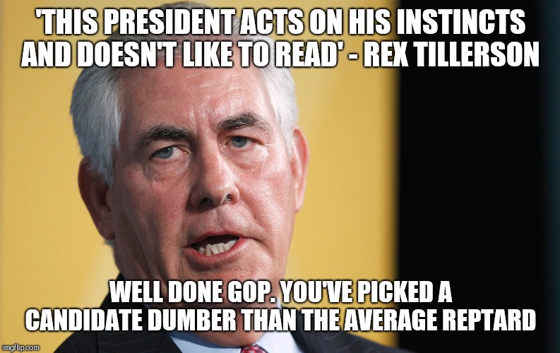 Rex Tillerson | 'THIS PRESIDENT ACTS ON HIS INSTINCTS AND DOESN'T LIKE TO READ' - REX TILLERSON; WELL DONE GOP. YOU'VE PICKED A CANDIDATE DUMBER THAN THE AVERAGE REPTARD | image tagged in rex tillerson | made w/ Imgflip meme maker