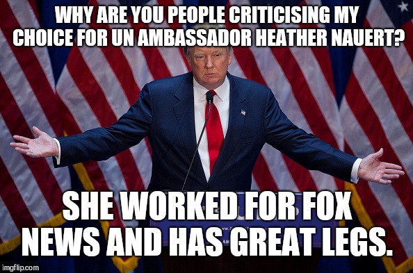 Donald Trump | WHY ARE YOU PEOPLE CRITICISING MY CHOICE FOR UN AMBASSADOR HEATHER NAUERT? SHE WORKED FOR FOX NEWS AND HAS GREAT LEGS. | image tagged in donald trump | made w/ Imgflip meme maker