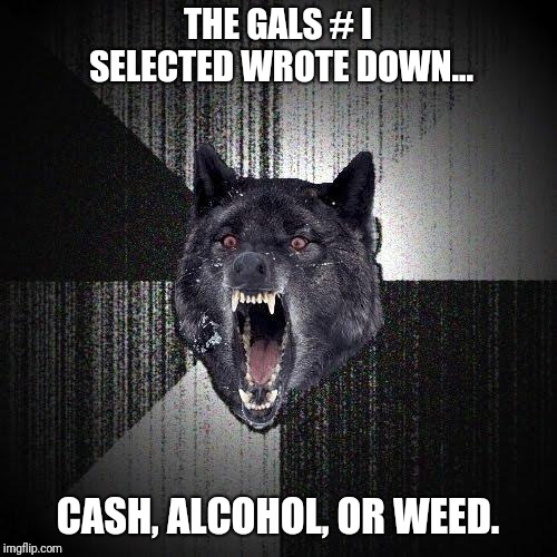 Insanity Wolf | THE GALS # I SELECTED WROTE DOWN... CASH, ALCOHOL, OR WEED. | image tagged in memes,insanity wolf,AdviceAnimals | made w/ Imgflip meme maker