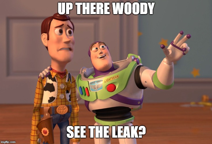 X, X Everywhere | UP THERE WOODY; SEE THE LEAK? | image tagged in memes,x x everywhere | made w/ Imgflip meme maker