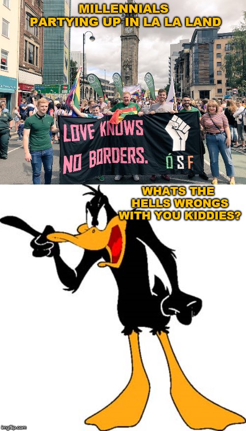 MILLENNIALS PARTYING UP IN LA LA LAND; WHATS THE HELLS WRONGS WITH YOU KIDDIES? | image tagged in daffy duck 201,love | made w/ Imgflip meme maker