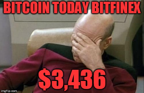 Captain Picard Facepalm Meme | BITCOIN TODAY BITFINEX; $3,436 | image tagged in memes,captain picard facepalm | made w/ Imgflip meme maker