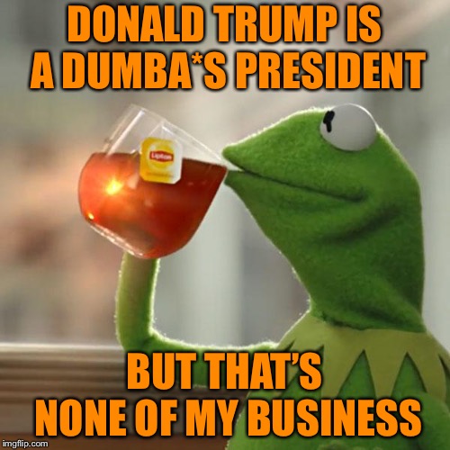 No Seriously F*ck Donald Trump | DONALD TRUMP IS A DUMBA*S PRESIDENT; BUT THAT’S NONE OF MY BUSINESS | image tagged in memes,but thats none of my business,kermit the frog | made w/ Imgflip meme maker