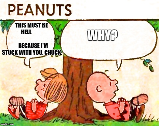 Peanuts Charlie Brown Peppermint Patty | WHY? THIS MUST BE HELL 


                           BECAUSE I'M STUCK WITH YOU, CHUCK. | image tagged in peanuts charlie brown peppermint patty | made w/ Imgflip meme maker