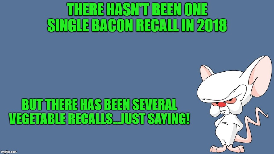 bacon | THERE HASN'T BEEN ONE SINGLE BACON RECALL IN 2018; BUT THERE HAS BEEN SEVERAL VEGETABLE RECALLS...JUST SAYING! | image tagged in the brain,bacon | made w/ Imgflip meme maker