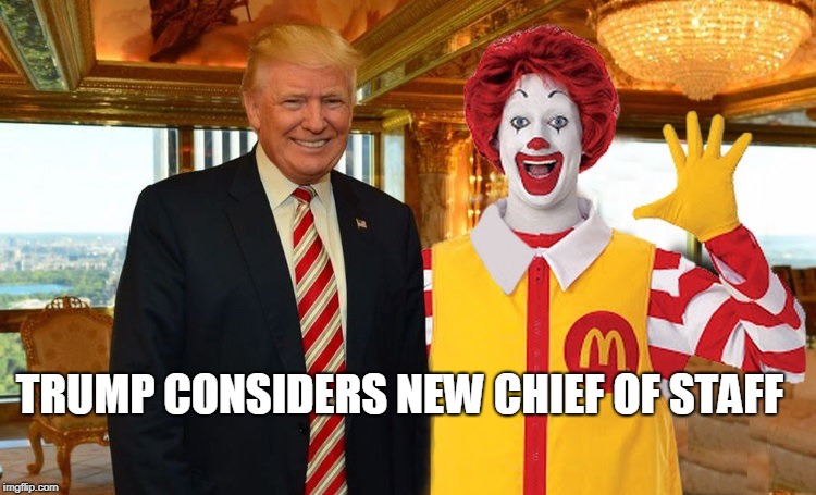New Chief of Staff | TRUMP CONSIDERS NEW CHIEF OF STAFF | image tagged in trump,choices,government,chief of staff,mcdonalds,circus | made w/ Imgflip meme maker